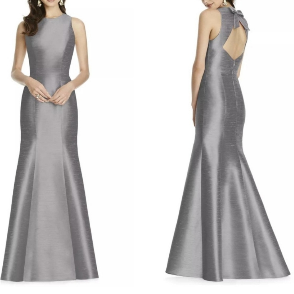 Alfred Sung D734 Quarry Bow Back Trumpet Gown Sleeveless Maxi Dress Size 10R NWT